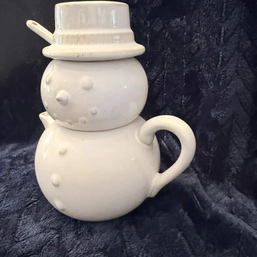 Pottery Barn Snowman Tea Set With Spoon Stackable VINTAGE. Winter